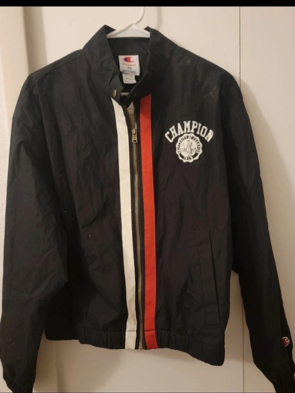 Champion Black Bomber Jacket with Red & White Racing Stripes